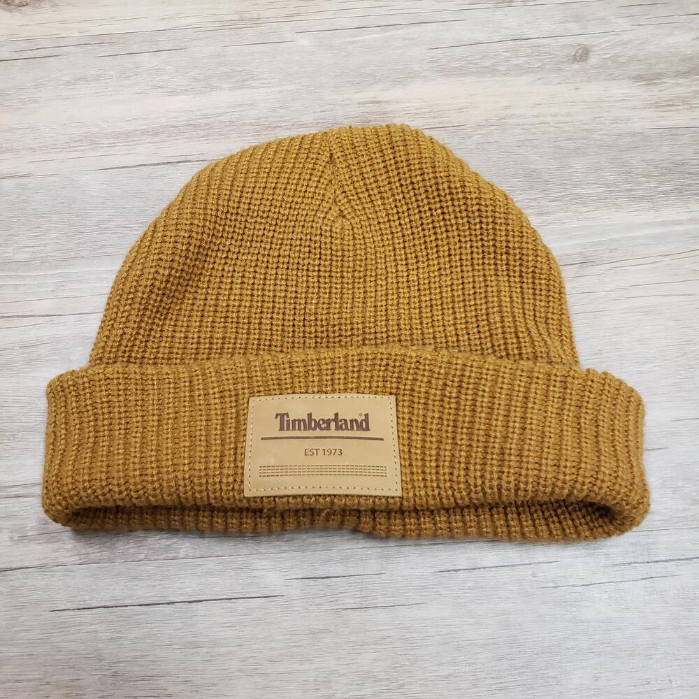 Timberland Beanie Knit Cap Hat Brown OS Logo Patch Winter Stretch Acrylic